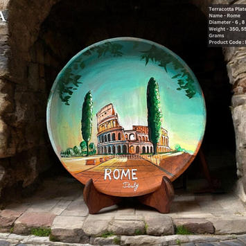 Handcrafted terracotta plate featuring a detailed, hand-painted Rome design, ideal for gifting in hotels. This eco-friendly, artisanal plate showcases traditional craftsmanship with vibrant artwork depicting iconic Roman landmarks, adding a touch of historical and cultural charm. Perfect for hotel gifting programs or luxury welcome packages, it offers a unique and globally inspired keepsake. The terracotta plate blends functionality with artistic elegance, making it a sustainable and thoughtful gift option that enhances the guest experience with its blend of cultural heritage and decorative appeal