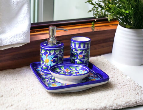 Discover BAFA's Jaipur Blue Pottery, showcasing a vibrant bathroom accessories set adorned with colorful floral designs. Perfect for bathroom decor, it's also an ideal gift for any occasion, adding charm and functionality to any space