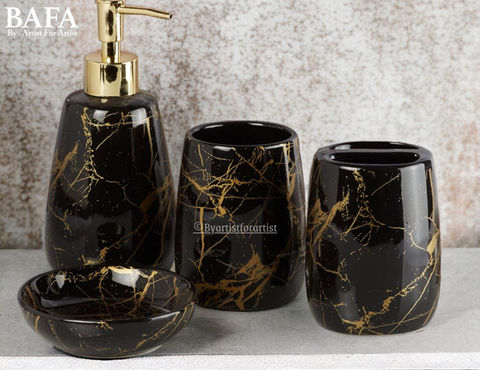 Explore BAFA's ceramic bathroom set featuring a luxurious marble design in striking black and gold colors. Perfect for enhancing the decor of hotels, restaurants, and cafes, this elegant set also makes an exquisite gift choice. Elevate your space with this sophisticated and versatile ceramic collection from BAFA