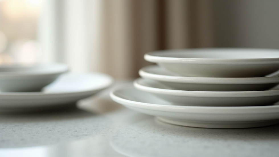 Close-up view of elegant ceramic plates stacked neatly