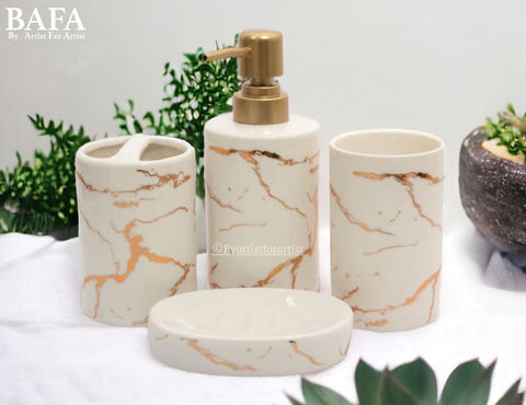 Discover BAFA's ceramic bathroom set featuring an elegant cylindrical marble design in classic white and gold colors. This luxurious set is ideal for enhancing the decor of hotels, restaurants, and cafes, and makes a perfect gift choice. Elevate your space with this sophisticated ceramic collection from BAFA