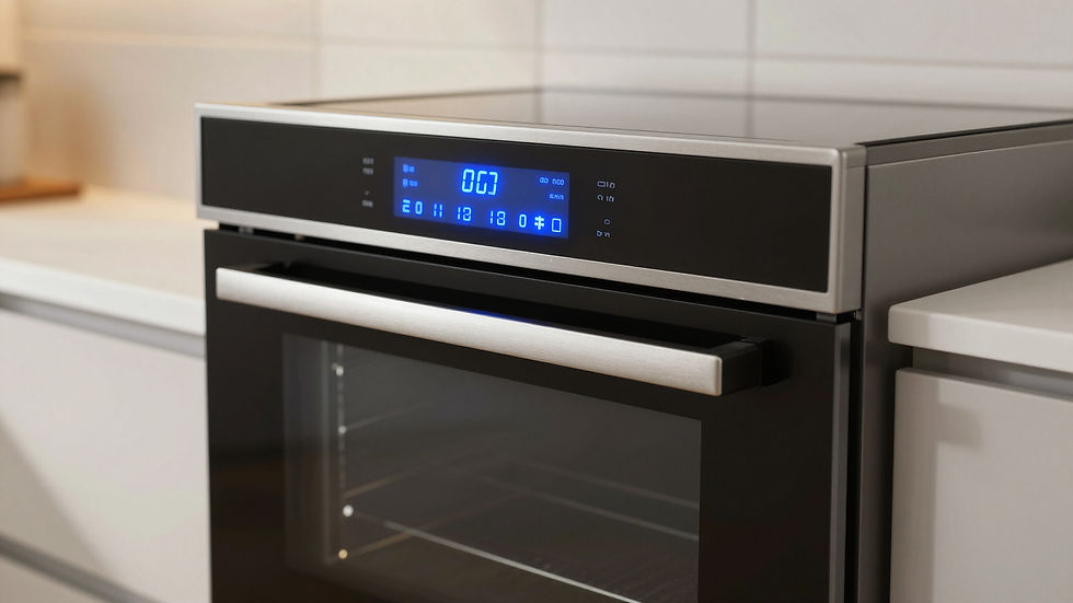 Modern built-in oven with digital display and black glass door.