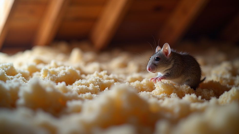 Close-up view of attic insulation with signs of rodent damage