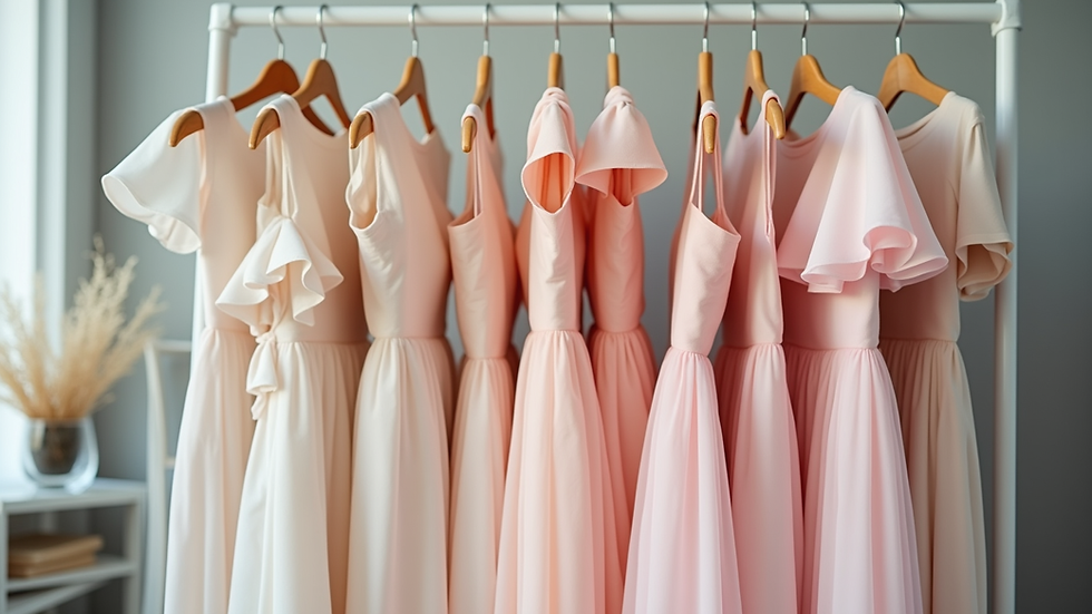 Eye-level view of a clothing rack with pastel-colored flowing dresses