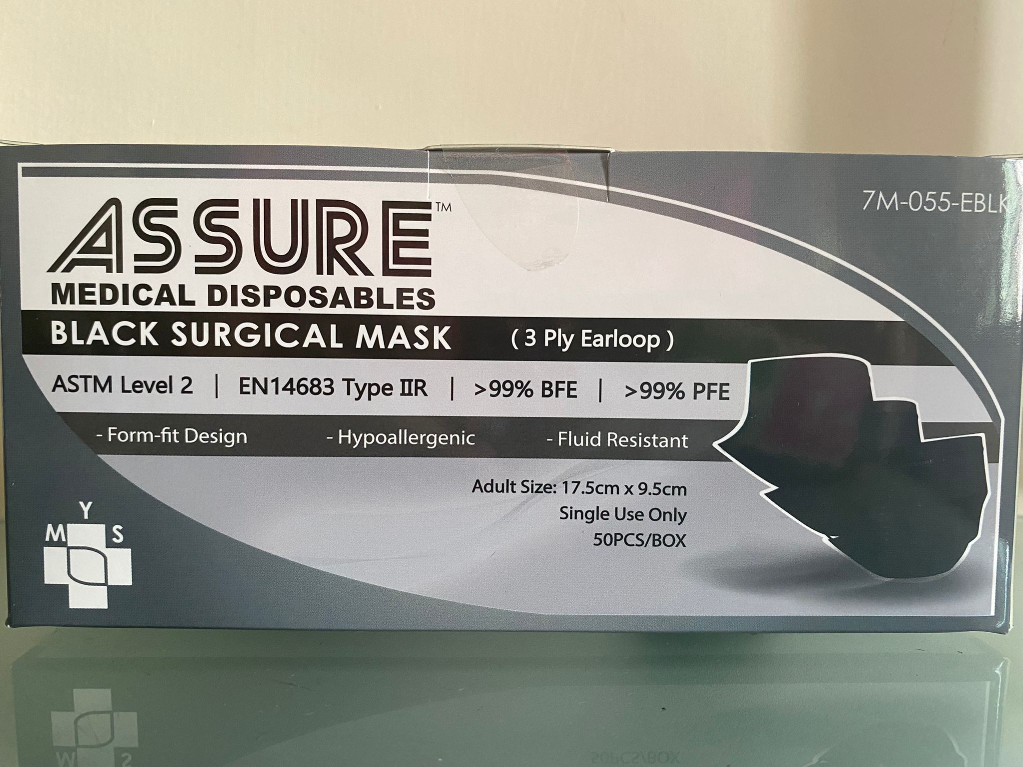 ASSURE Black Adult Surgical Mask 3-Ply Earloop