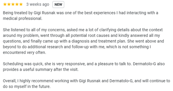 5 star Google review for Gigi Rusnak