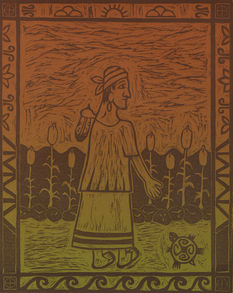 A woman with short hair and a scarf on her head, wearing a short sleeved shirt, long skirt, and flip flops. She is facing right, standing with her right hand out and a feather in her left held behind her neck. She stands in front of a lake, with cattails and rocks lining where the land and water meet. There is a turtle to the right of her feet. The scene is contained by a border with symbols of water at the bottom, plants on the left and right, and wind, clouds, and sun at the top. In each corner there is the medicine wheel symbol, a circle with a cross at its center.