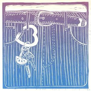 closeup of striped jeans with a carabiner hanging off the belt loop with 2 keys, a sharpie, and a watermelon keychain hanging off of it