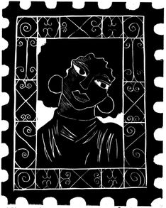 Young woman leaning again window seal of Adinkra symbols
