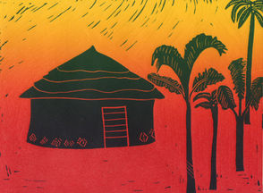 Traditional West African hut nestled under palm trees
