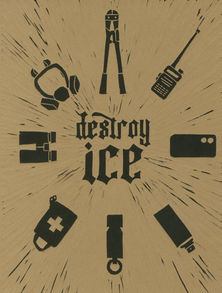 "destroy ice" written in gothic lettering, surrounded by a ring of objects: bolt cutters, a radio, a cell phone, a spray can, a whistle, a first aid kit, binoculars, and a gas mask.
