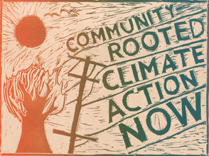 A power line intersecting with a tree on fire with the words "Community Rooted Climate Action Now."