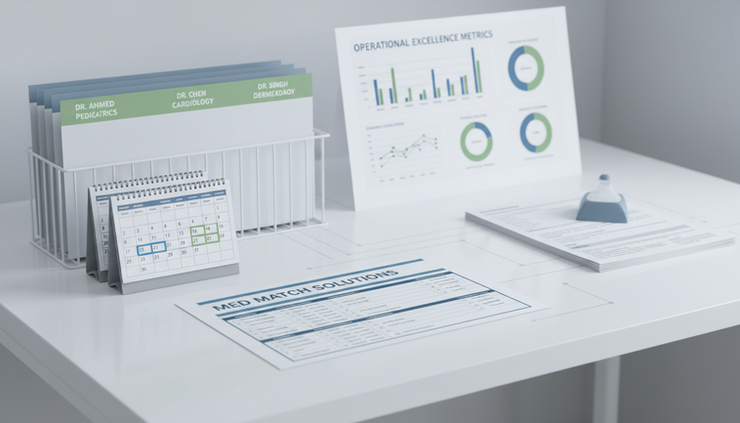 Wide-angle view of a standardized credentialing tracker printed beside renewal calendars and labeled folders.