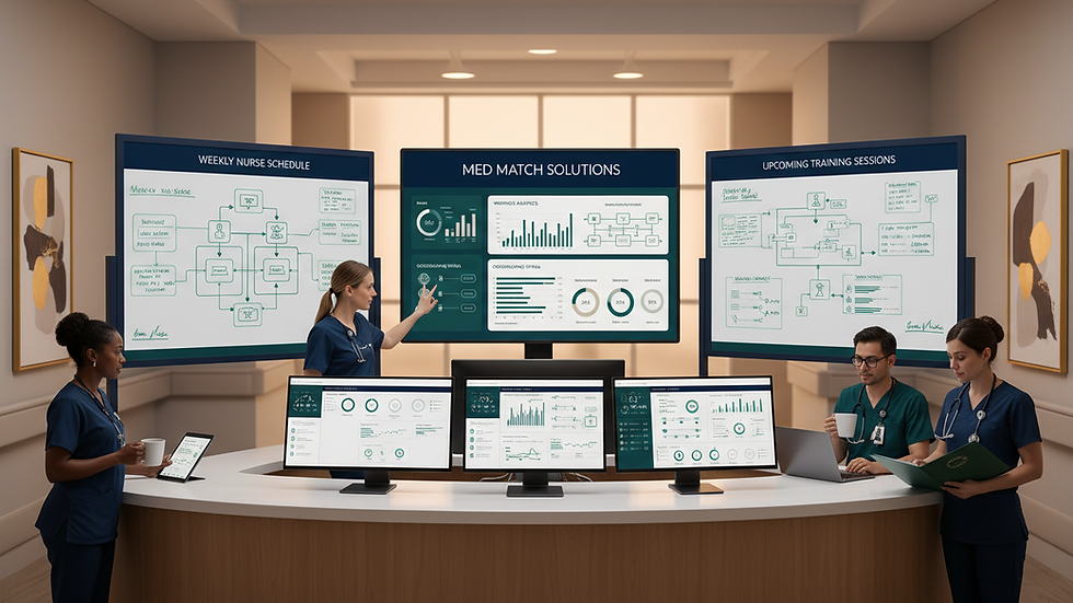 Eye-level view of hospital nurse station with scheduling boards