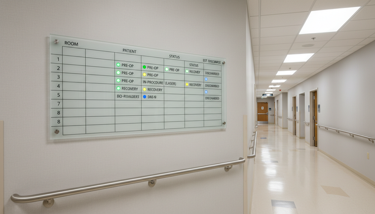 Eye-level view of a wall-mounted clinical status board with simple room and case flow indicators.