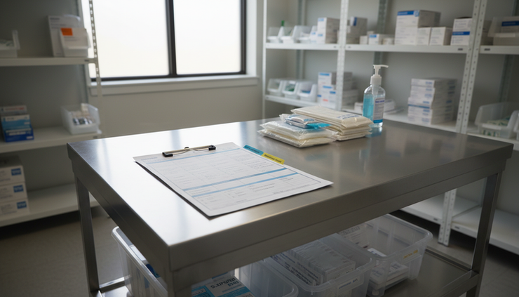 Eye-level view of a credentialing checklist on a medical supply cart