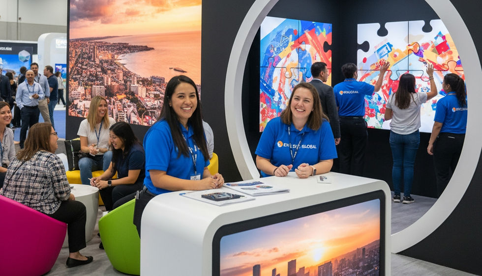 People in blue shirts smile at a colorful tech booth with vibrant screens. Others sit on colorful chairs, creating a lively, friendly atmosphere.