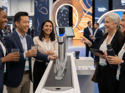 Five people smiling and chatting at a water dispenser during a business event. They're holding glasses, with an abstract backdrop behind them.