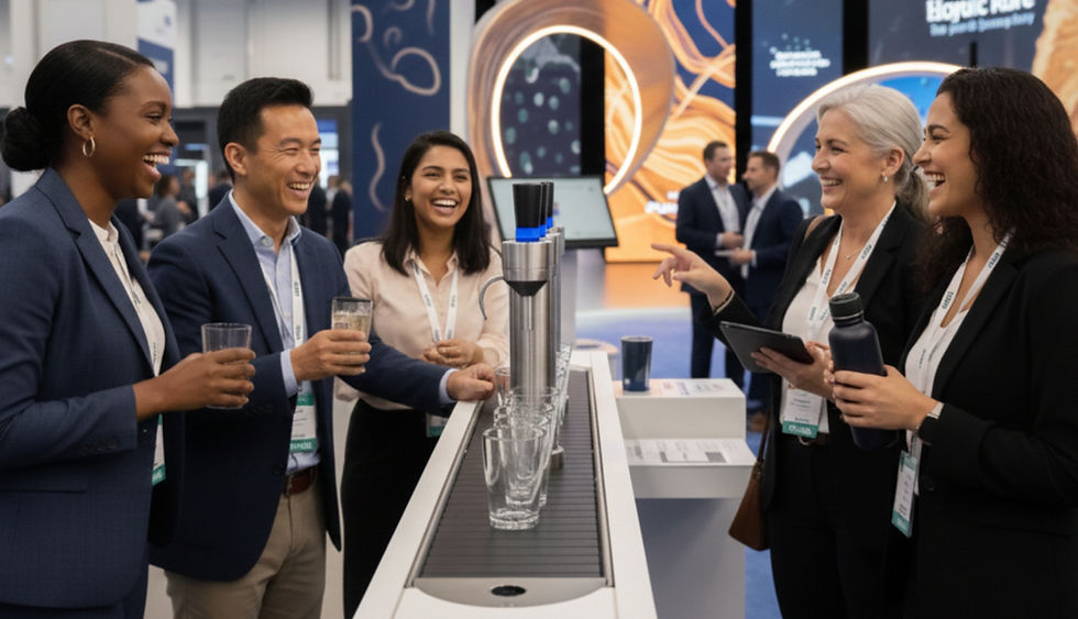 Five people smiling and chatting at a water dispenser during a business event. They're holding glasses, with an abstract backdrop behind them.