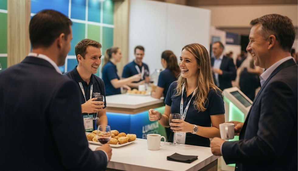 People in business attire chat and laugh at a networking event. They hold drinks near a table with pastries. Bright, colorful background.
