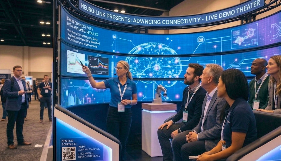 Speaker presents brain connectivity data on a large screen to seated audience. Blue visuals and text headline: NEURO-LINK LIVE DEMO THEATER.