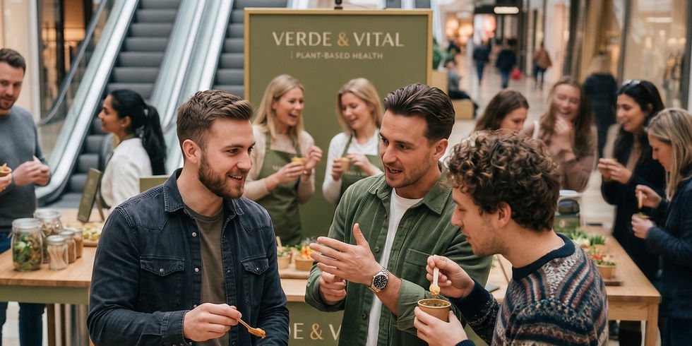 People enjoying plant-based snacks at a "Verde & Vital" booth in a mall, chatting and smiling. Background shows an escalator.