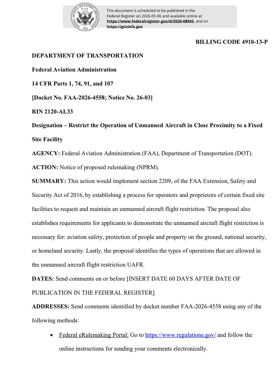 2209: Designation: Restrict the Operation of UAS in close proximity to a fixed site facility