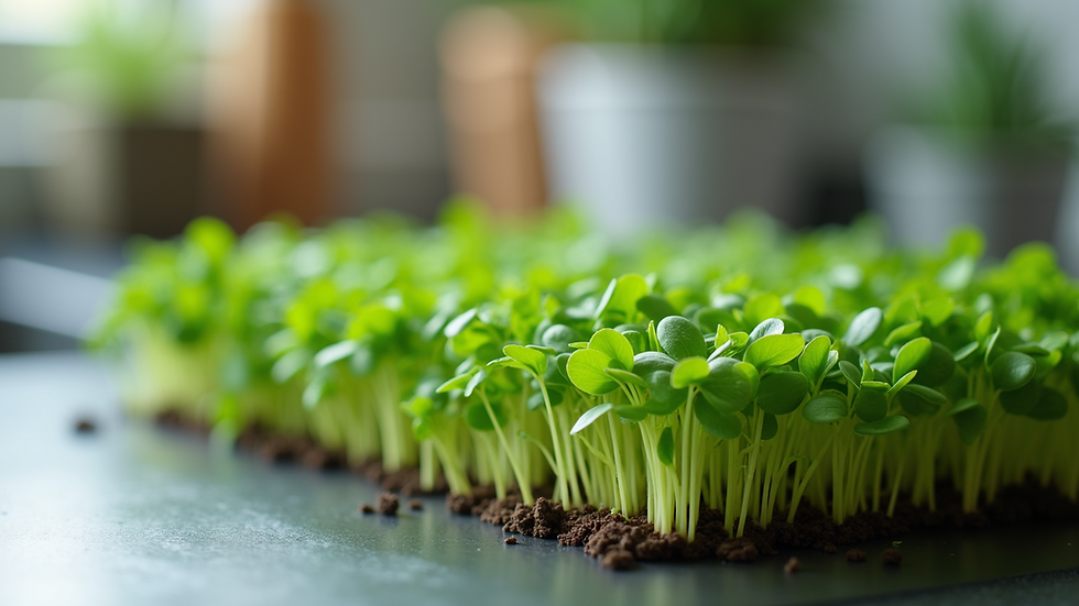 Eye-level view of freshly harvested microgreens on a kitchen countertop