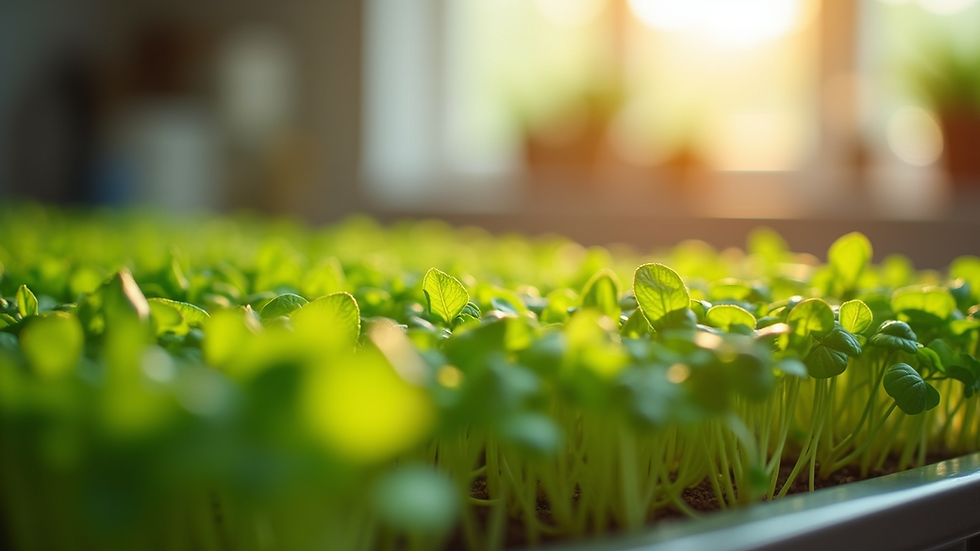 Close-up view of vibrant microgreens in a sunny kitchen