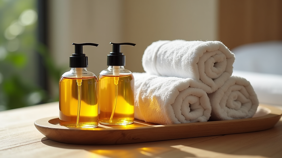 Close-up view of massage oils and towels arranged neatly on a wooden tray