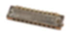 A metal harmonica on a white background.