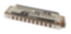 A metal harmonica on a white background.
