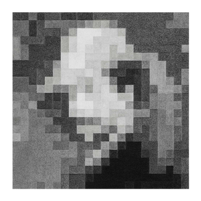 black and white pixelated image of man