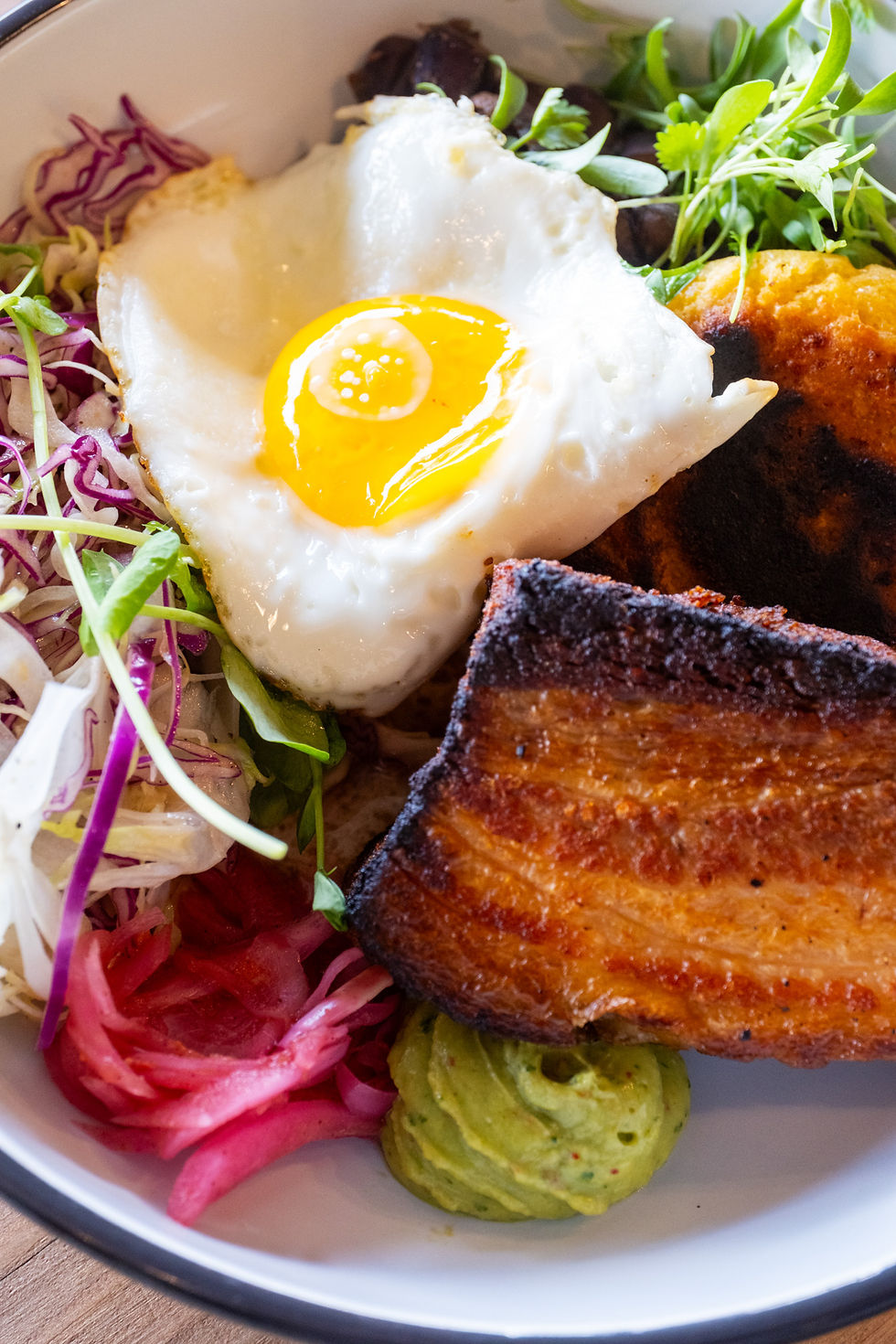 Fried Egg, Pork Belly Arepa Plate