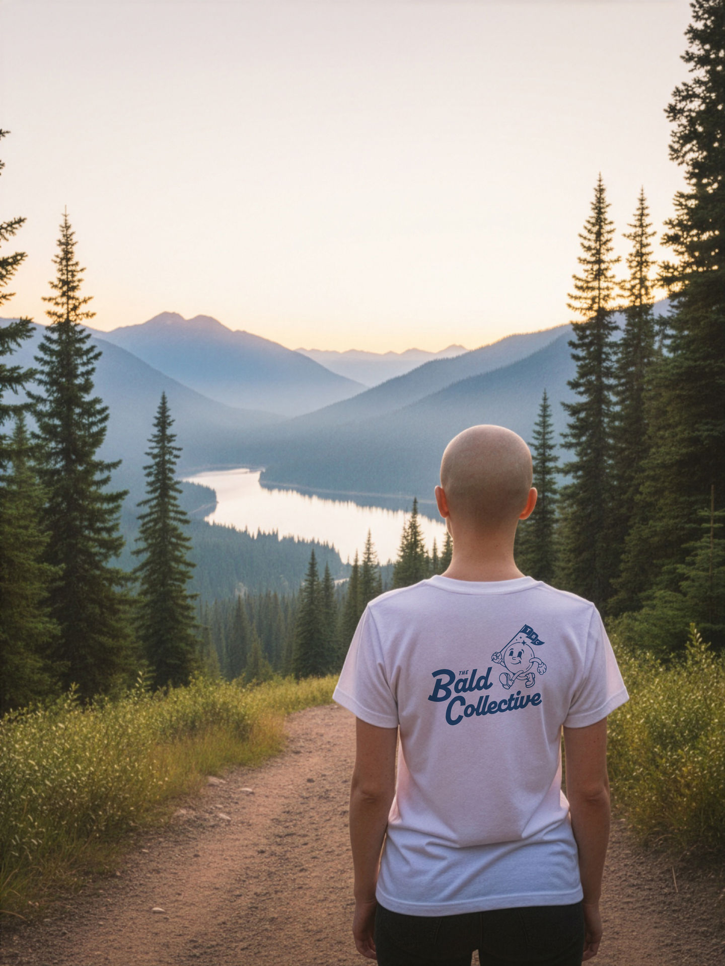 Female model wearing The Bald Collective Premium heavyweight unisex t-shirt with screen printed graphics.