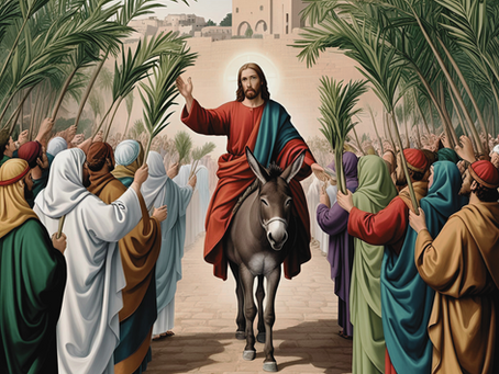 Jesus riding into Jerusalem as crowds wave palm branches on Palm Sunday.