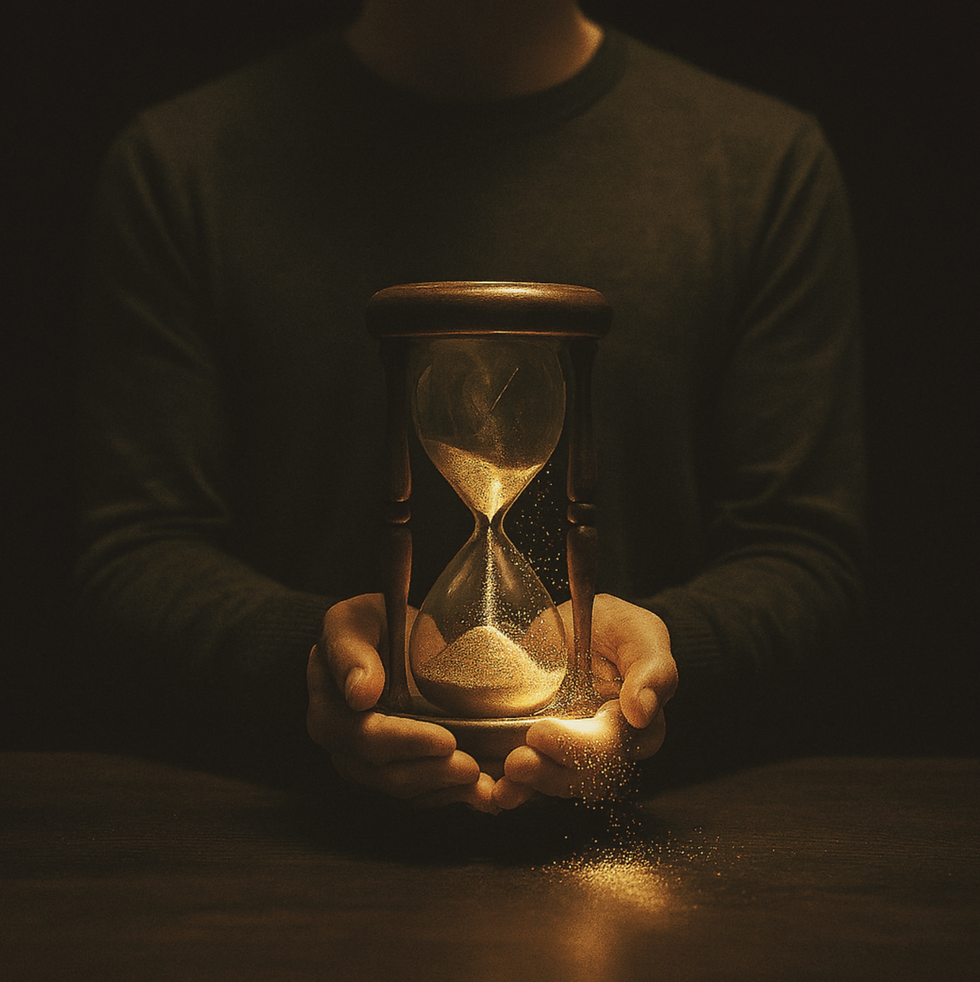 Man holding a golden hour glass that represents our time for this Lent.