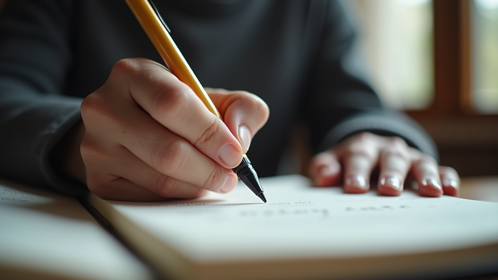 Close-up view of a person writing in a vocabulary journal