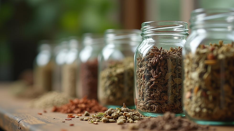 Eye-level view of a variety of dried herbs in glass jars