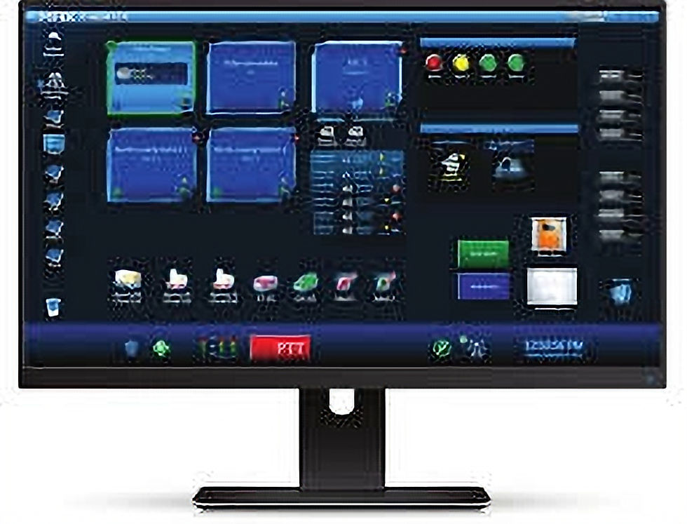 A computer screen with the Zetron MAX user interface displayed. There are UI elements for communication, monitoring, and digital control.