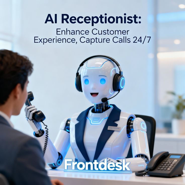 AI Receptionist robot wearing a headset at Frontdesk