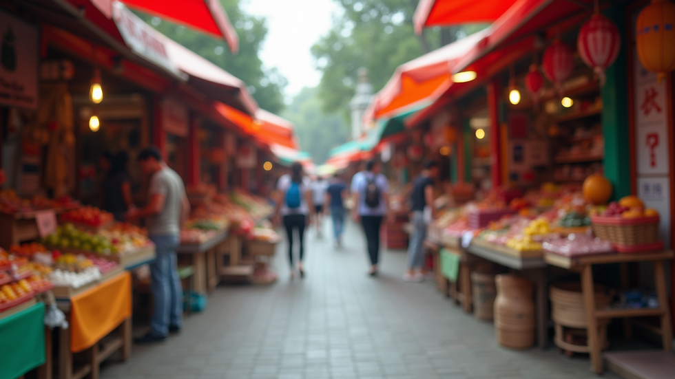 Eye-level view of a vibrant outdoor market with colorful stalls