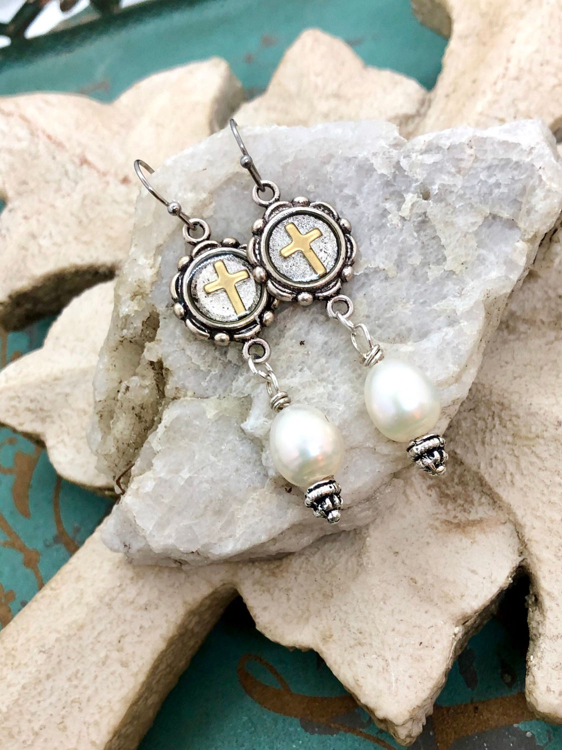 Cross and Pearl Dangles 