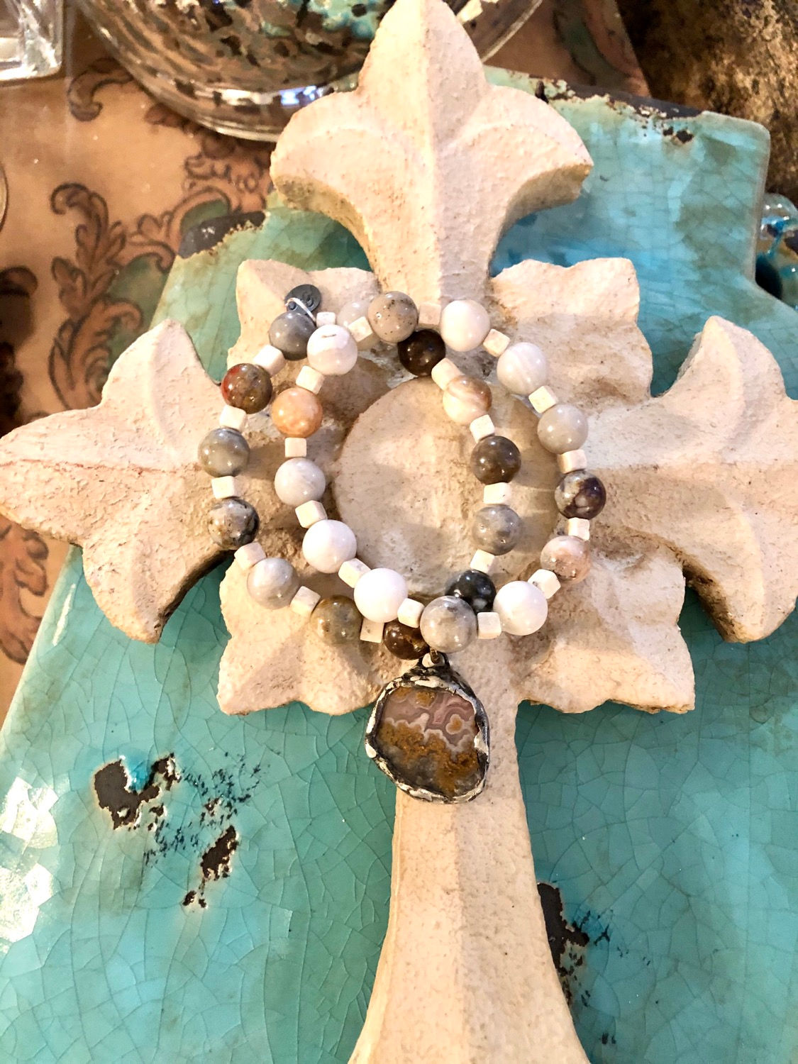 Moss Agate & River Stone bracelet set