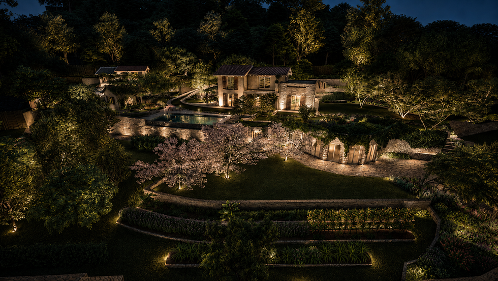 Panoramic night view of Dolceacqua retreat with pool and terraced gardens by Valentina Maffeo