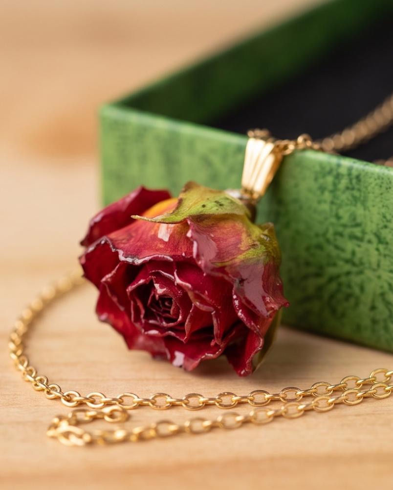 Pendentif mini rose rouge en relief résine fleur naturel
