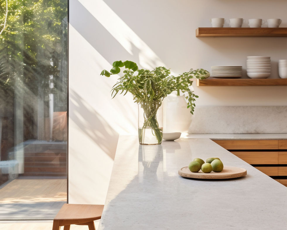 cuisine marbre plante extérieur lumière naturelle baie vitrée