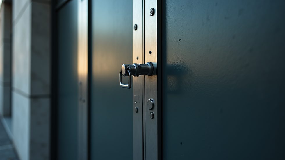 Close-up view of a sturdy metal security door with a modern design