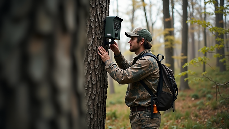 Eye-level view of a hunter setting up a trail camera on a tree