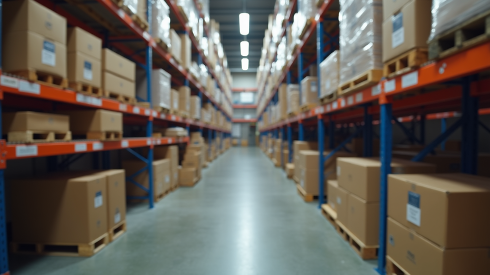Close-up view of a warehouse with organized inventory shelves
